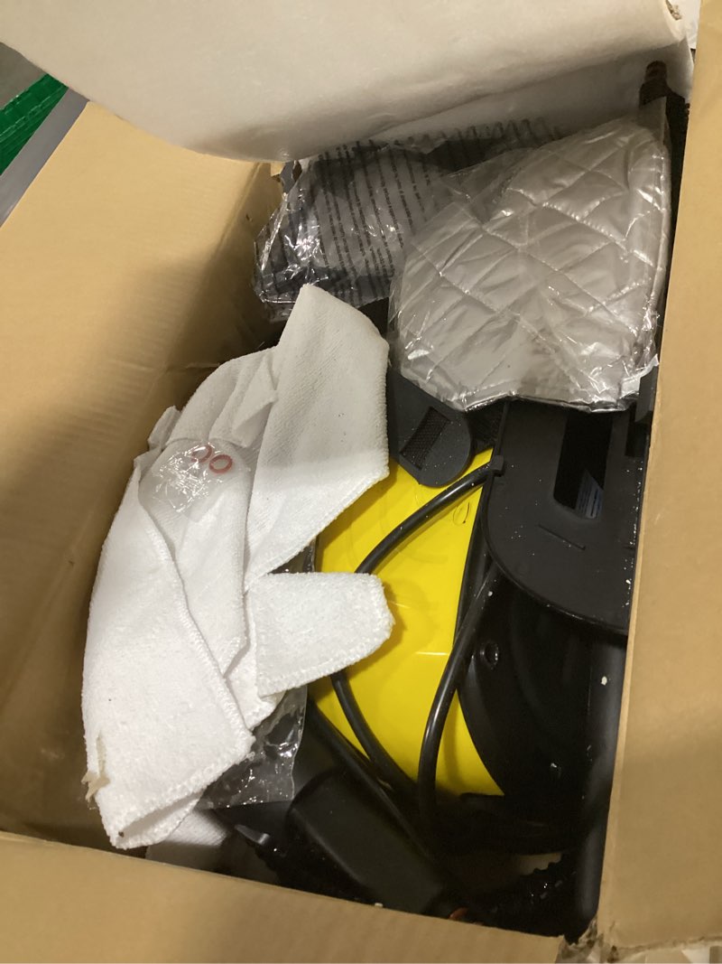 Condition photo showing As Is for steam cleaner, steam cleaner for home, handheld steamer for cleaning with 21 accessories, 248 °f high temperature, suitable for grout, floor. sofas, upholstery, yellow