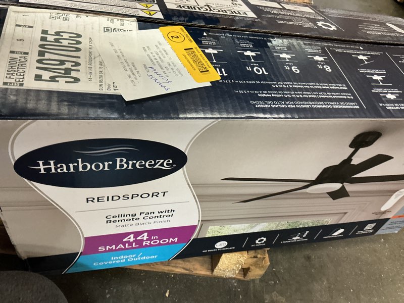 Condition photo showing As Is for (incomplete  -missins parts )harbor breeze reidsport 44-in matte black color-changing integrated led indoor/outdoor downrod or flush mount ceiling fan with light and remote (5-blade)