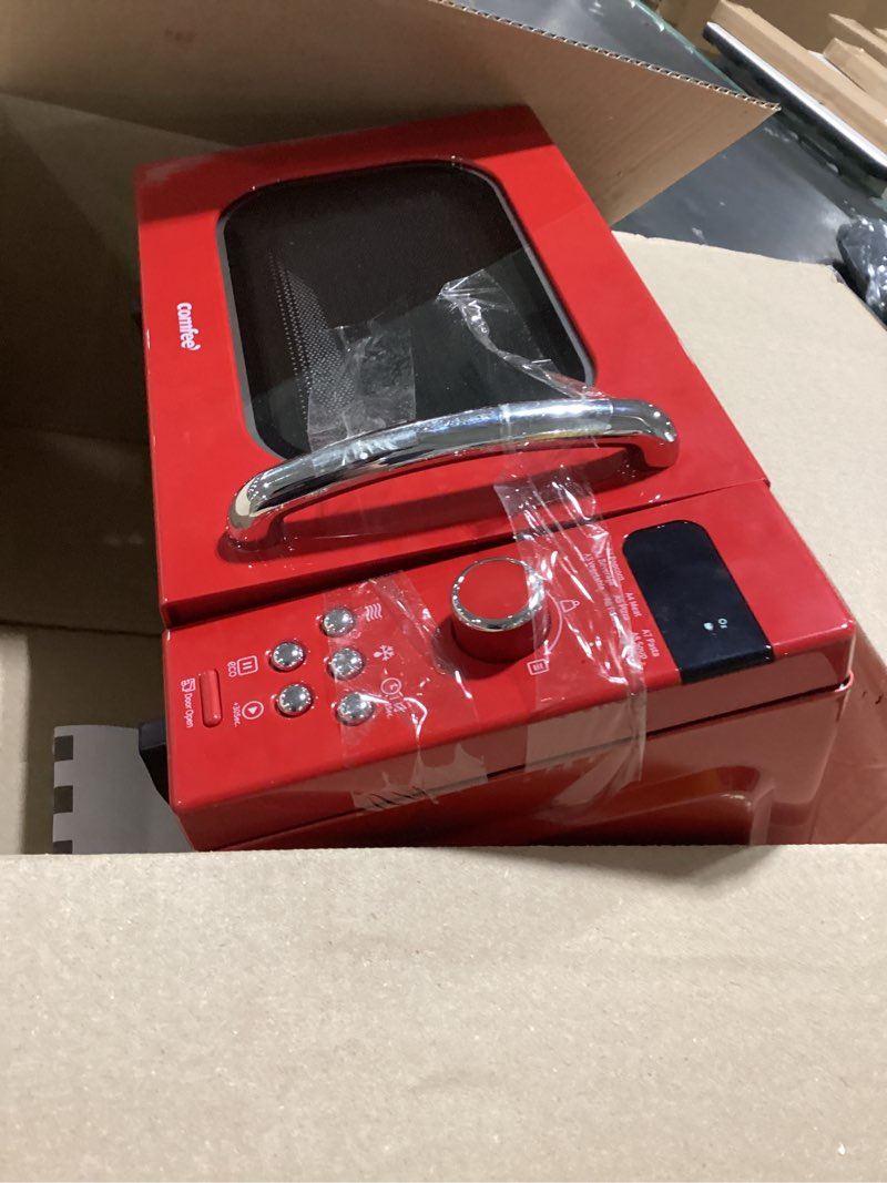 Condition photo showing As Is for comfee' retro small microwave oven with compact size, 9 preset menus, position-memory turntable, mute function, countertop microwave perfect for small spaces, 0.7 cu ft/700w, red, am720c2ra-r