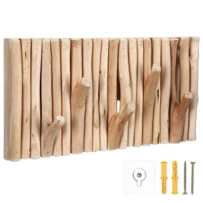 Novabright Wood Coat Hooks Wall Mount with 5 Hooks, Wooden Tree Branch Shaped Heavy Duty Wall Coat R