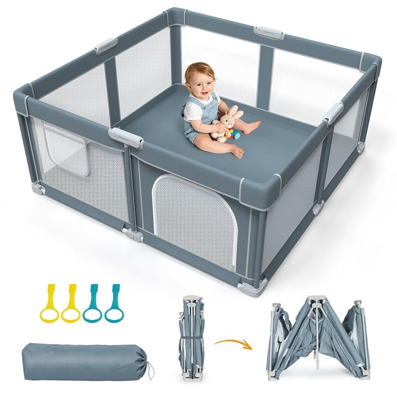 foldable baby playpen - 50"×50" collapsible play pen for babies and toddlers - indoor outdoor play pen with 4 handles - folding baby playpen with carry bag portable travel play yard