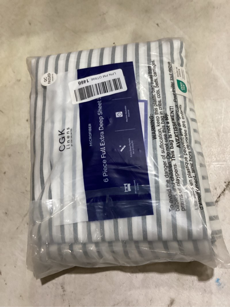 Condition photo showing Good Condition for extra deep full sheet set - 6 piece breathable and cooling sheets - hotel luxury bedding for women, men, kids & teens - easy & secure fit - soft and wrinkle free - extra deep pockets - grey stripes 45 - grey stripes 2 full