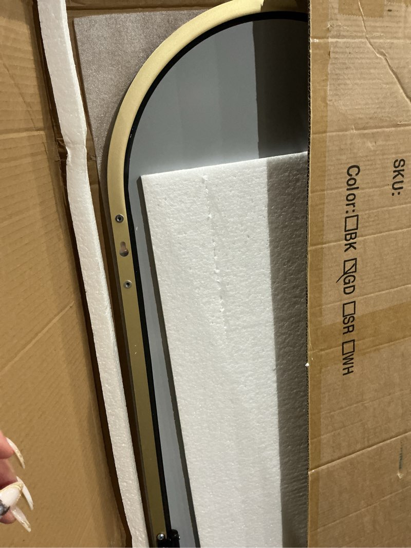 Condition photo showing As Is for hanging mirror with leather strap,arched full length mirror with aluminum frame wall-mounted hanging mirrors for bathroom vanity living room bedroom entryway décor, gold