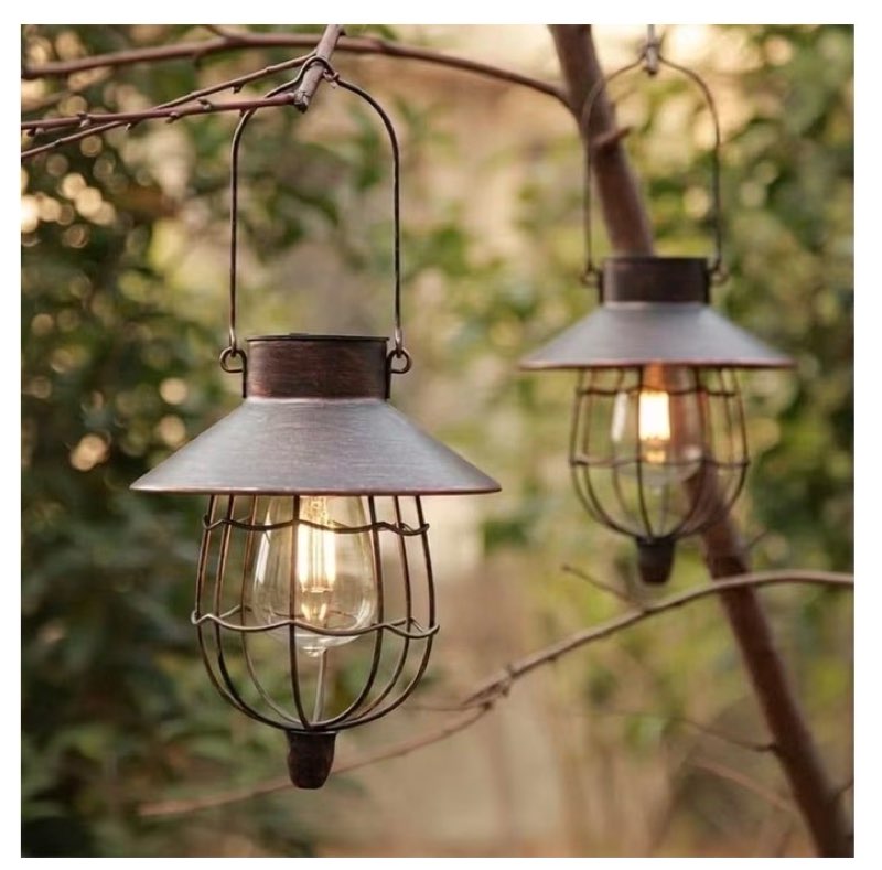 yakii 4 pack solar lantern hanging waterproof outdoor metal lamp with warm white light decorate for yard garden pathway patio(antique copper)