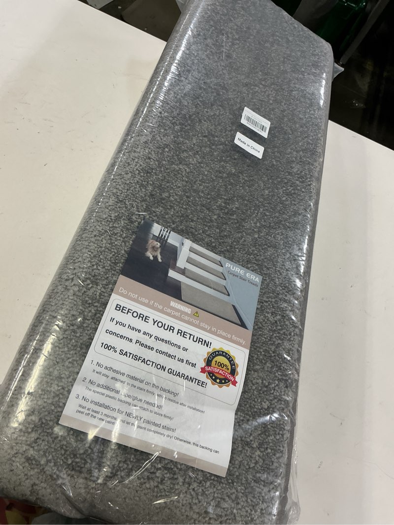Condition photo showing Good Condition for PURE ERA Bullnose Carpet Stair Treads Set Tape Free Non-Slip Indoor Stair Protectors Pet Friendly Rugs Covers Soft Skid Resistant Washable Reusable 9.5" x 30"(14 Pieces,Light Gray) Light Gray 14 Pieces with Bullnose