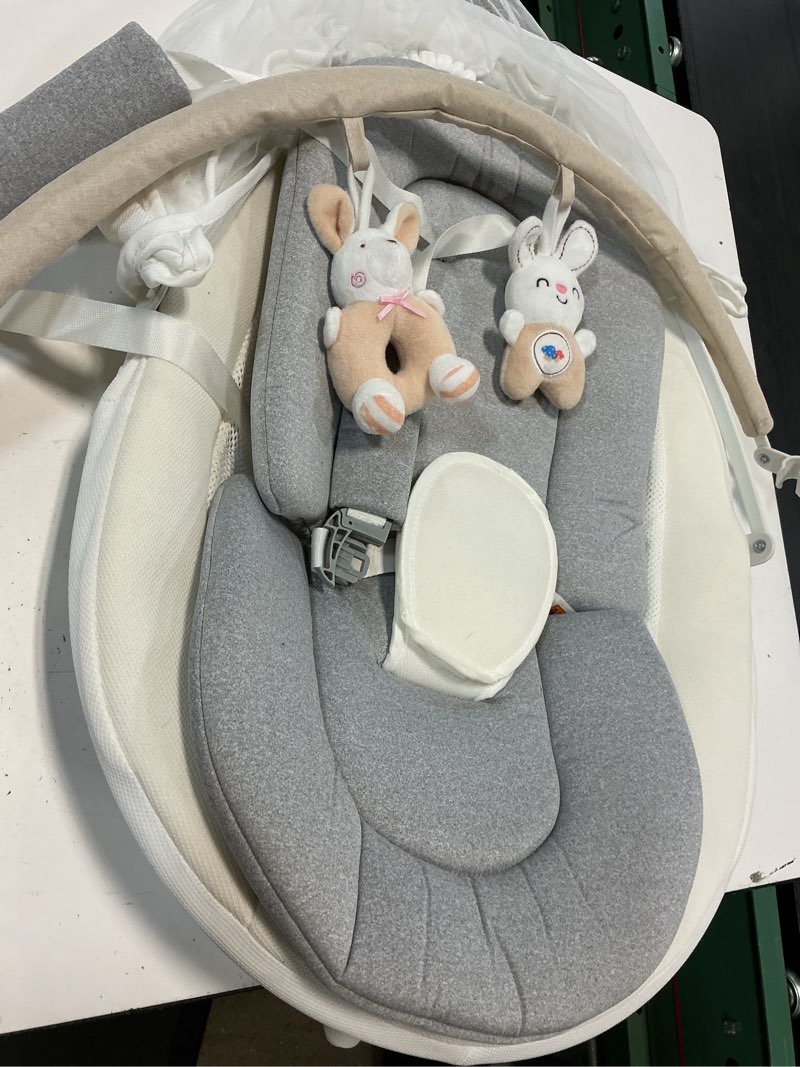 Condition photo showing As Is for baby swing for infants, portable electric baby swings with bluetooth, 5 swing speed, 10 lullabies, 5-point harness, remote control & touch panel - infant swing for indoor & outdoor use, wood grain