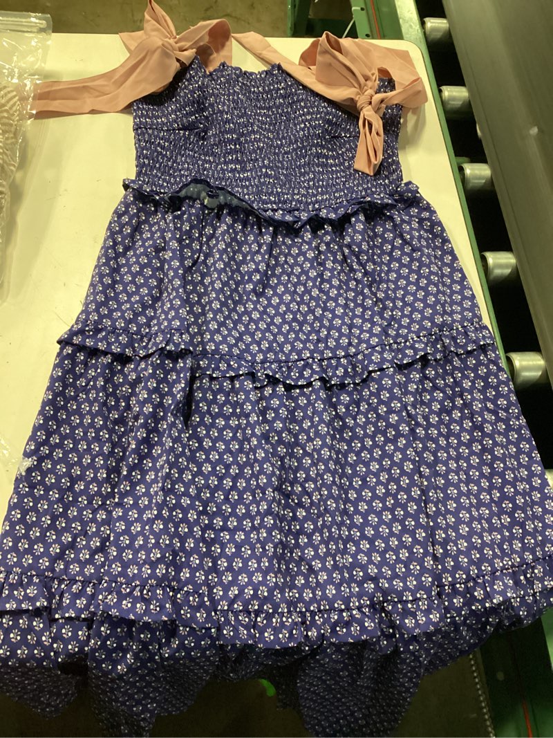 Condition photo showing Good Condition for wenrine womens summer floral maxi dress smocked tie shoulder boho sleeveless ruffle tiered casual beach dresses navy medium