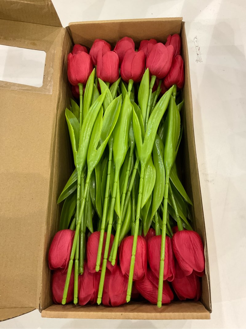 Condition photo showing New/Like New for ucky RED Artificial Flowers 20 Pcs Tulips Realistic Touch Spring Summer Fake Flowers for Home Decor Outdoor Garden Parties and Wedding Decorati 20pcs RED