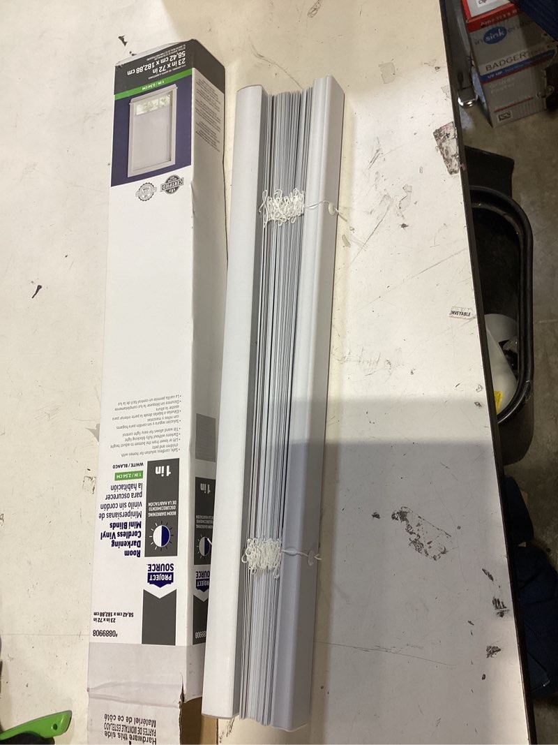 Condition photo showing As Is for project source room darkening 1-in slat width 23-in x 72-in cordless white vinyl room darkening mini-blinds