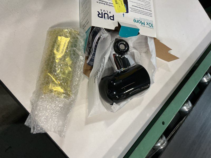 Condition photo showing As Is for pur plus faucet mount water filtration system, horizontal, black/chrome, pfm200b