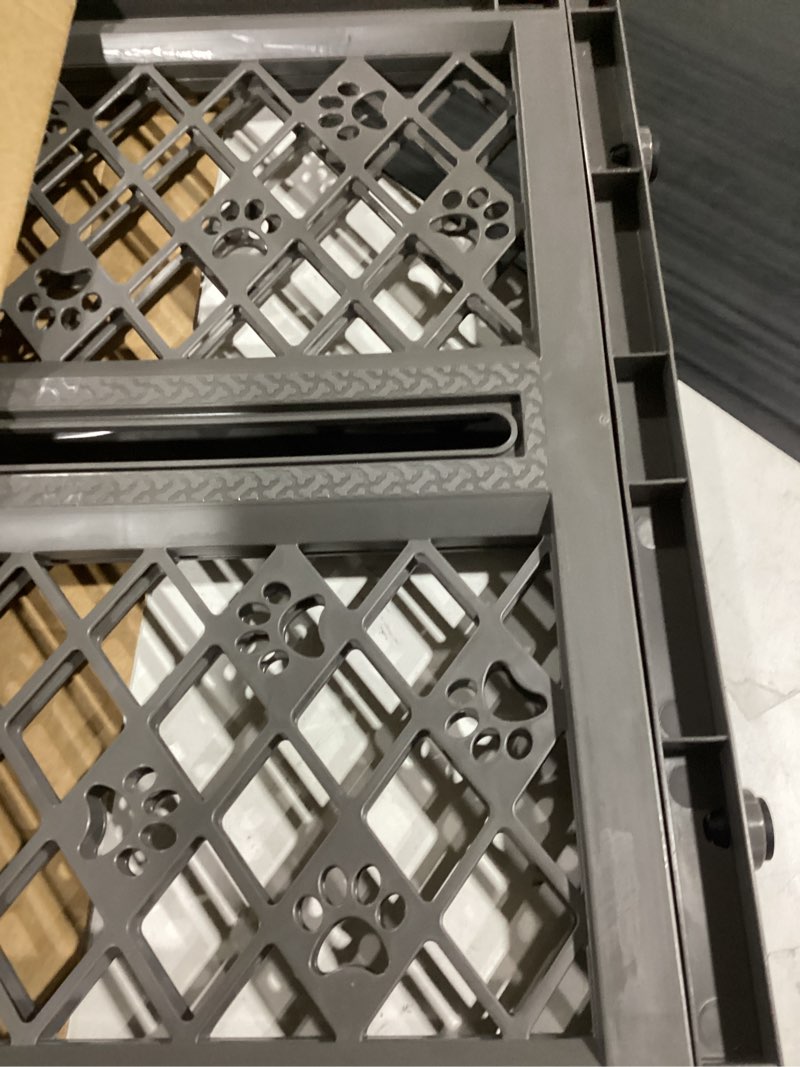 Condition photo showing As Is for mypet north states paws portable pet gate: 26-40" wide. pressure mount. no tools needed. made in usa, 23" tall, expandable, durable dog gates for doorways, fieldstone gray