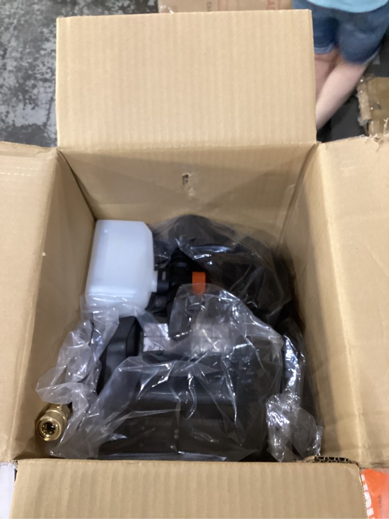 Condition photo showing Good Condition for pressure washer with anti-tipping wheels, 4 quick connect nozzles, 25ft pressure hose, foam cannon for cars gardens fences driveways patios