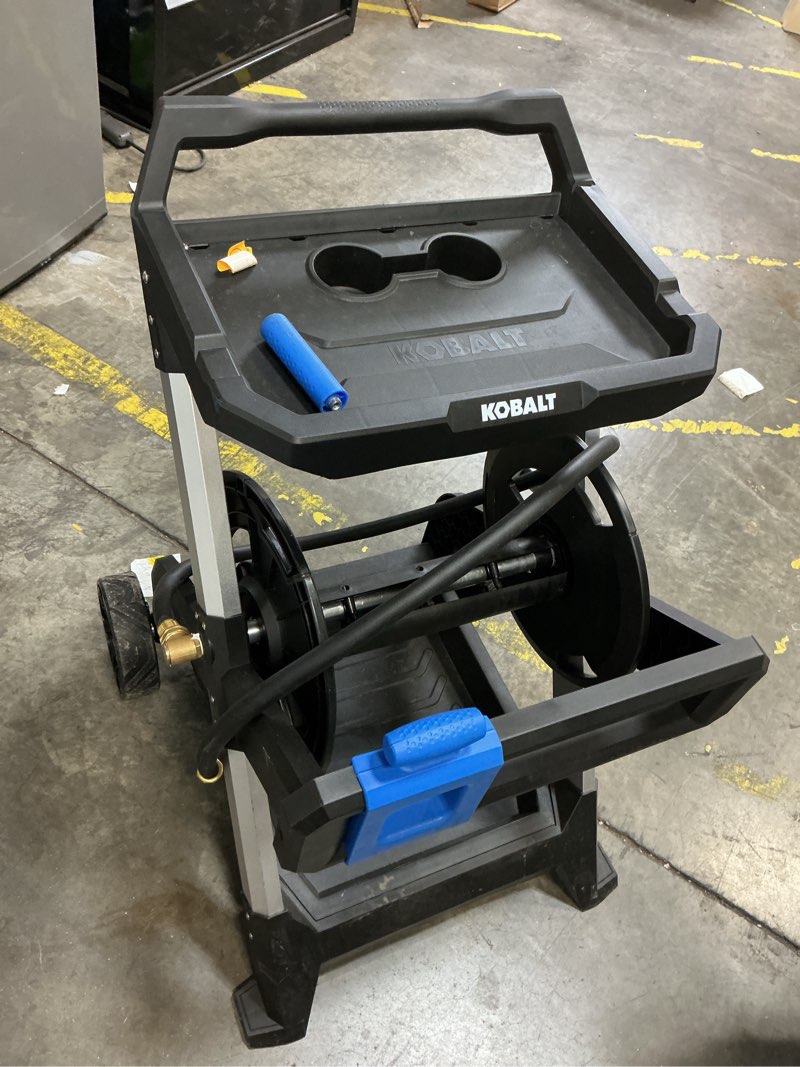 Condition photo showing As Is for kobalt aluminum 200-ft cart hose reel