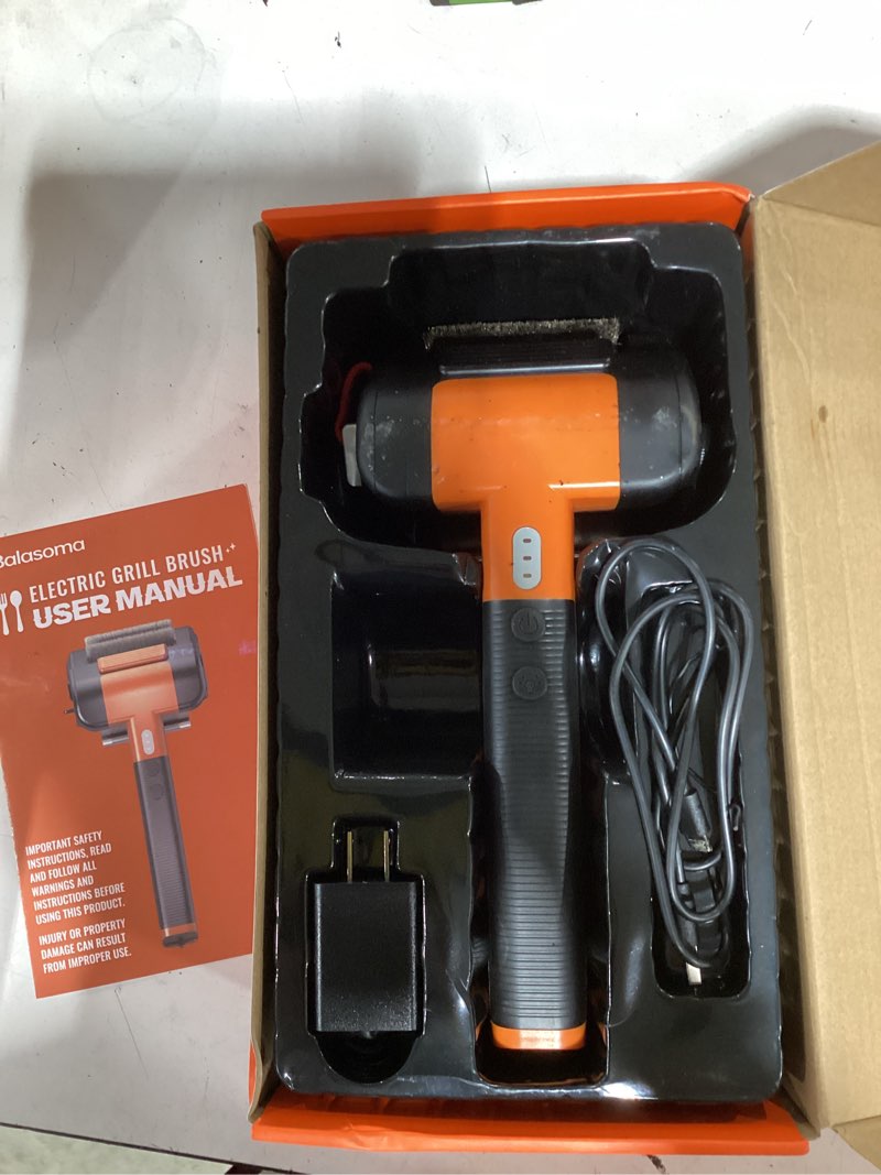 Condition photo showing As Is for electric grill brush, 950 rpm cordless electric bbq grill cleaner with 4500mah battery, led light, 304 stainless steel brush head, no preheating grill, heavy duty grill clean tool for outdoor grill orange