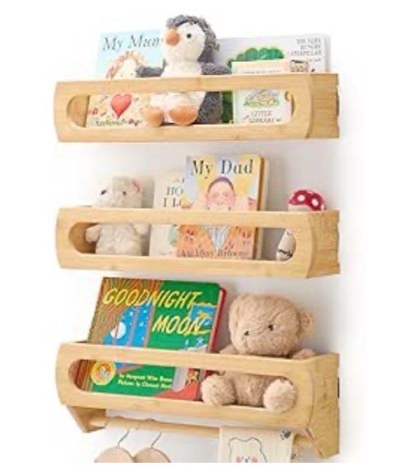 nursery shelves for wall, premium bamboo wood, fully assembled - nursery book shelves, book shelf for kids rooms, multi-use floating shelves for wall, set of 3 (natural, 23 inches) natural wood 23 inch