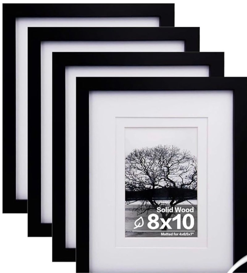 egofine 8x10 picture frames set of 4, made of solid wood covered by plexiglass 4x6 and 5x7 with mat or 8x10 without mat, for table top display and wall mounting photo frame black