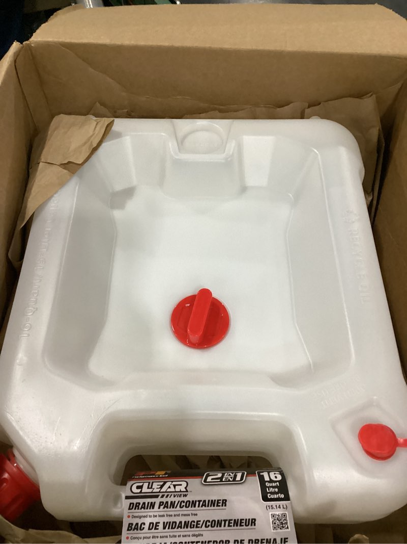 Condition photo showing As Is for performance tool w4080 16-qt. clear view oil drain container - carrying handle, automotive catch pan, fluid transport jug, oil change, radiator flush, automotive repair - white 16 quart clear drain pan