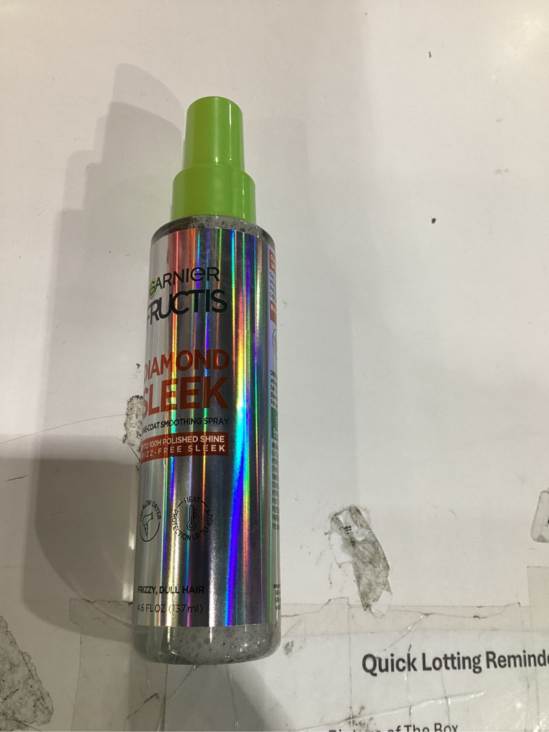 Condition photo showing Good Condition for garnier fructis diamond sleek hair shine spray, up to 100-hour frizz control, heat protectant up to 450°f with vegan keratin smoothing complex and argan oil for frizzy, dry, dull hair, 4.6 fl oz