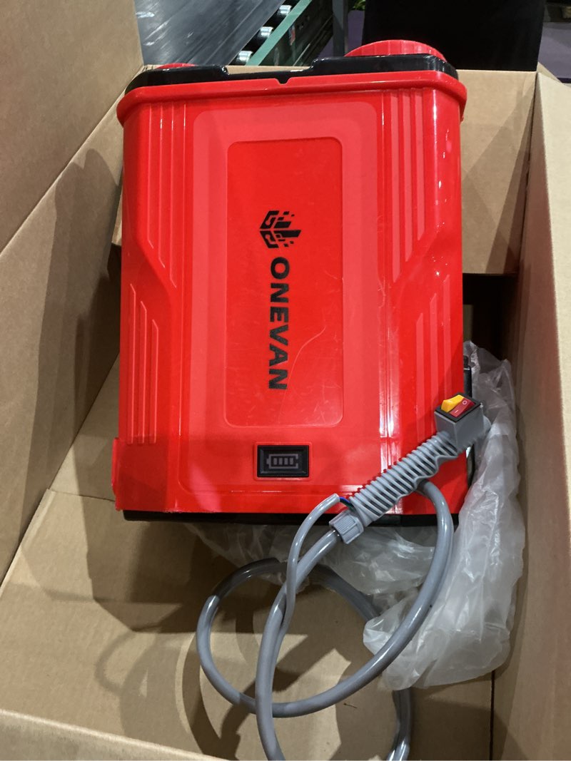 Condition photo showing As Is for similar to. battery powered backpack sprayer 5.3 gallon, 100 psi adjustable pressure electric sprayer with 2x3.0a batteries, weed yard lawn sprayer with telescopic wand, 5 nozzles large