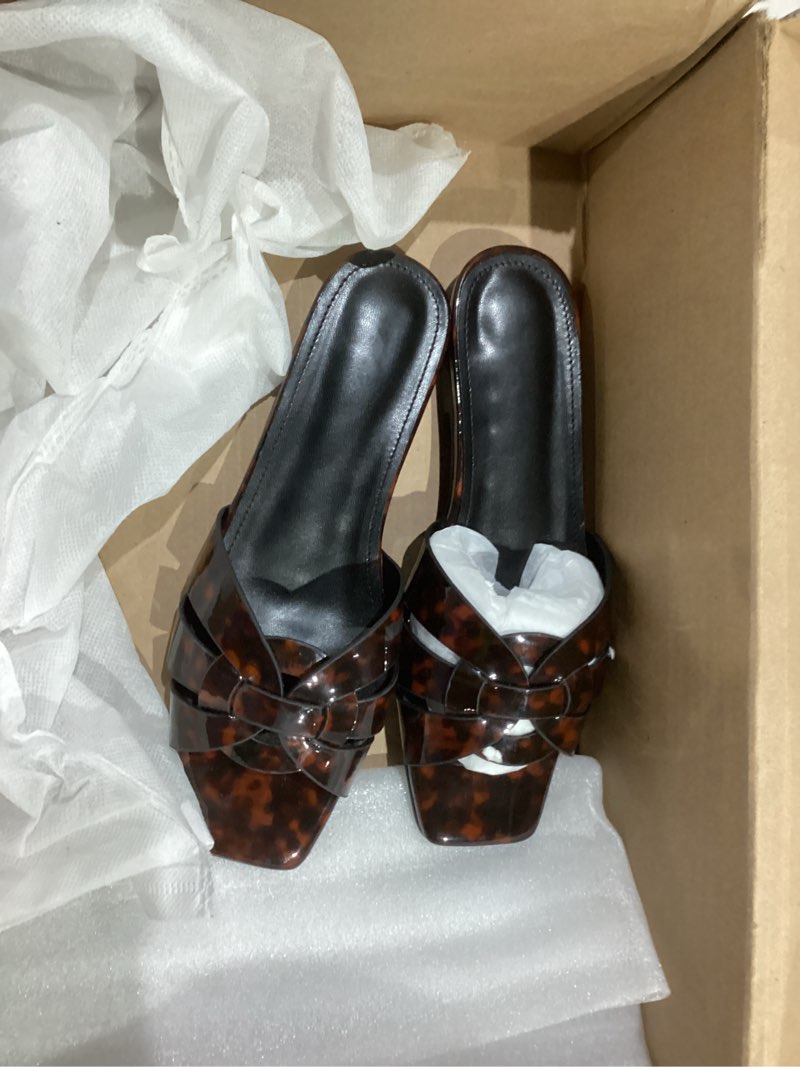 Condition photo showing Good Condition for THESHY Women's Flat Sandals Square Toe Patent Leather Comfortable Slip on Slippers Casual Summer Dressy Beach Slide Sandals for Women 7 Leopard Leather