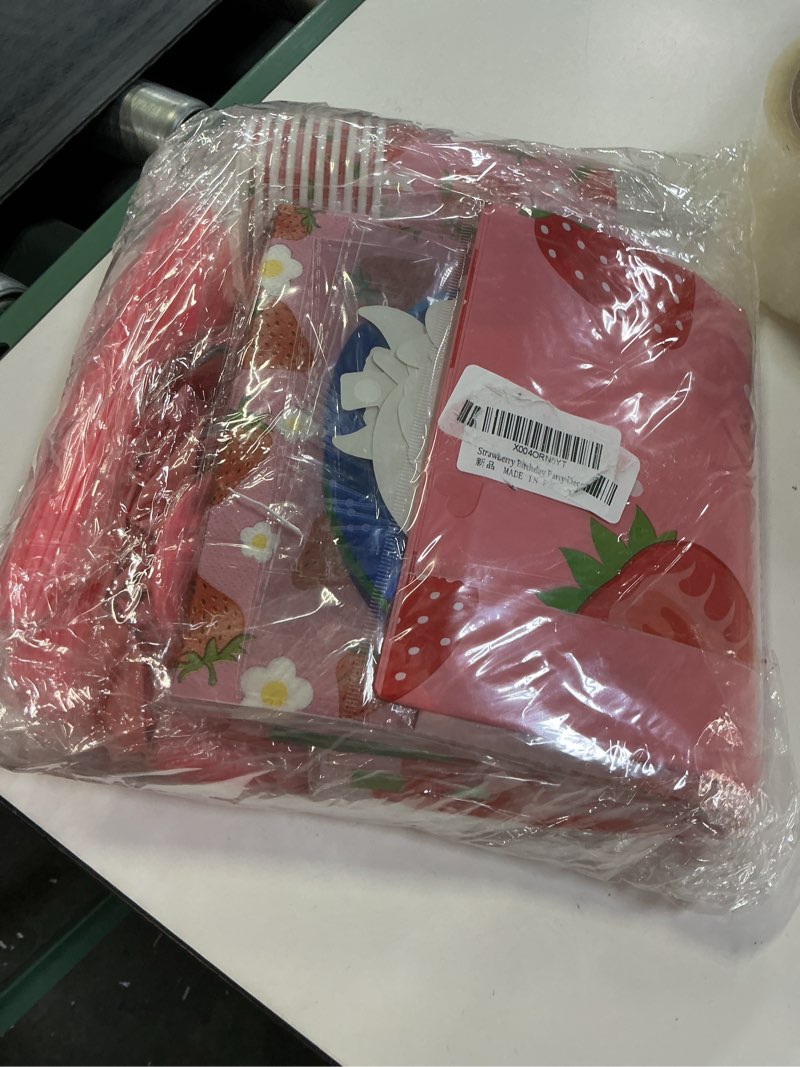Condition photo showing New/Like New for zoyvux strawberry birthday decorations, berry party decorations including balloon arch banner, tablecloth, backdrop, cake topper, balloons, hanging swirls, plates, cups for strawberry themed party