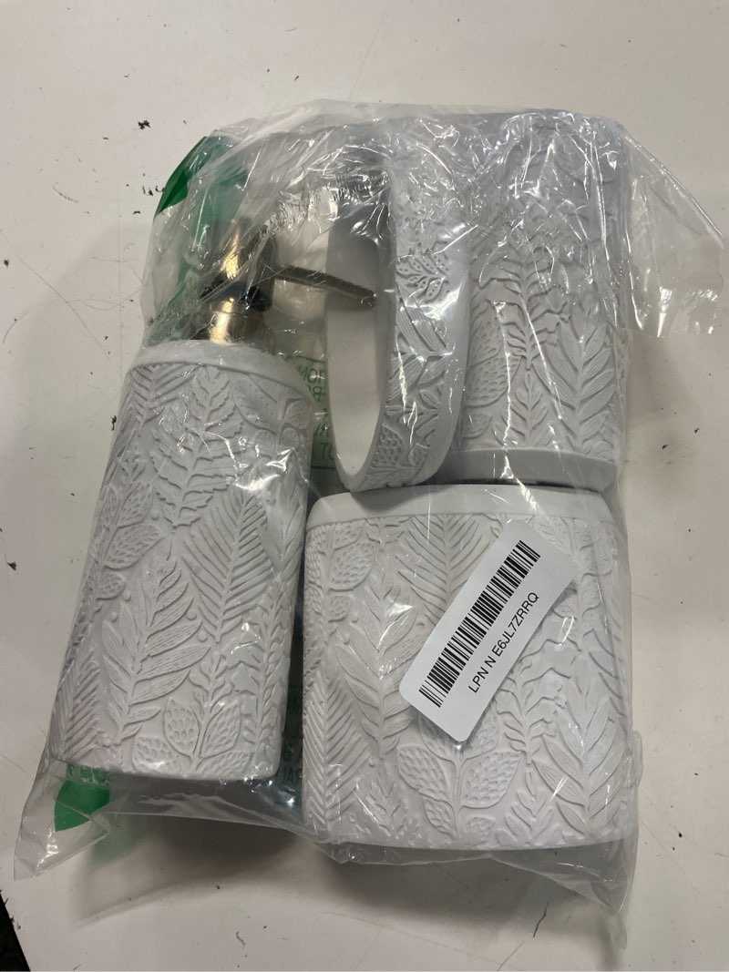 Condition photo showing Good Condition for hymmah bathroom accessories set,toothbrush holder,farmhouse decor,4 pcs resin gift apartment necessities, contain toothbrush cup,soap dispenser & dish,tumbler leaf white