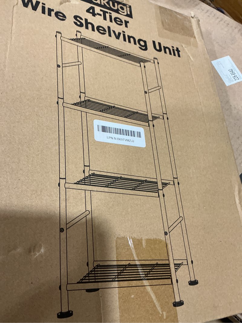 Condition photo showing New/Like New for sakugi storage shelves - 4 tier shelf organizer, sturdy metal garage shelving with adjustable leveling feet, space-saving shelves organizer for pantry, laundry, kitchen (18" x 12" x 44", black) black 18.0w x 12.0d x 44.0h (4t)