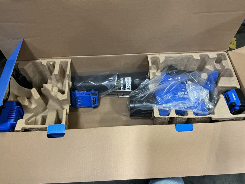 Condition photo showing As Is for kobalt quiet tech 24-volt cordless battery string trimmer and leaf blower and combo kit 4 ah (battery included) (charger included)