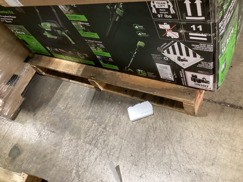 Condition photo showing Good Condition for greenworks - 80v 21” lawn mower, 13” string trimmer, and 730 leaf blower combo with 4 ah battery & charger) 3-piece combo - green
