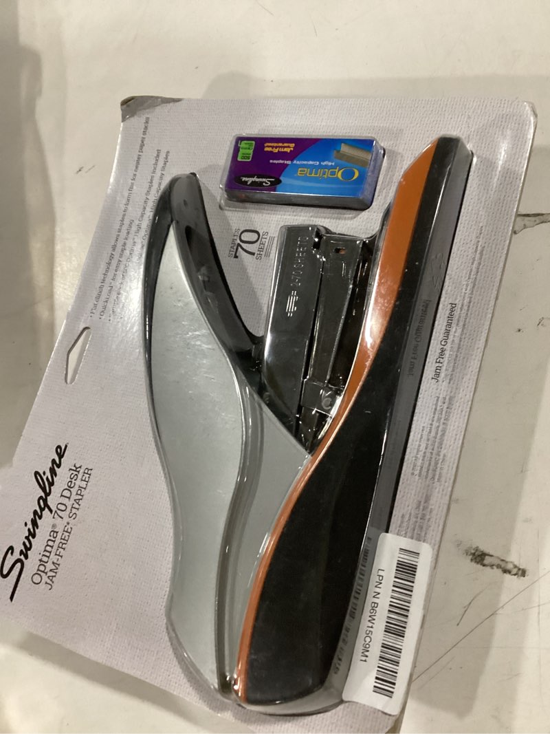 Condition photo showing Good Condition for swingline stapler, full strip, 70 sheet capacity, optima 70, jam free, reduced effort, soft grip, metal, silver, black and orange (87870) compact orange/silver half strip 3/8" staples