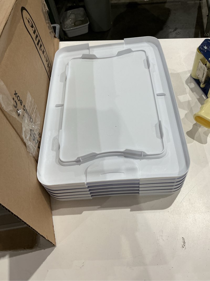 Condition photo showing As Is for similar not exact sterilite 7.5 qt gasket box, stackable storage bin with latching lid and tight seal, plastic container to organize basement, clear base, lid, 6-pack