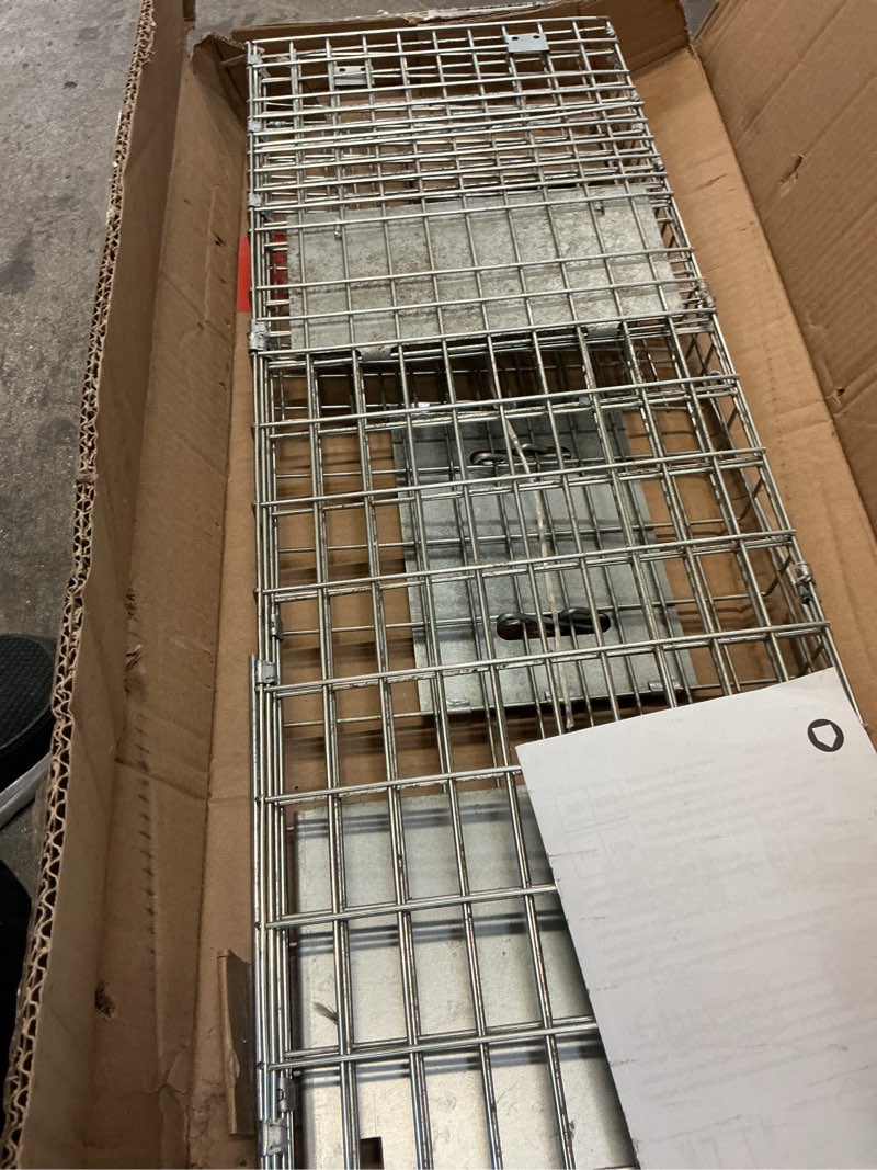 Condition photo showing As Is for vevor live animal cage trap, 31" x 10" x 12" humane cat trap galvanized iron, folding animal trap with handle for rabbits, stray cats, squirrels, raccoons, groundhogs and opossums