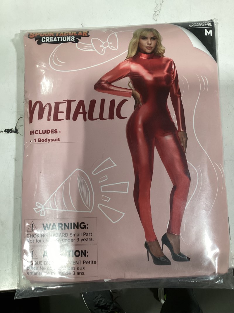 Condition photo showing Good Condition for Spooktacular Creations Women Metallic Unitard Bodysuit, Shiny Cat Suit, Red Leather Jumpsuit, Womens Halloween Costumes 2025 Medium