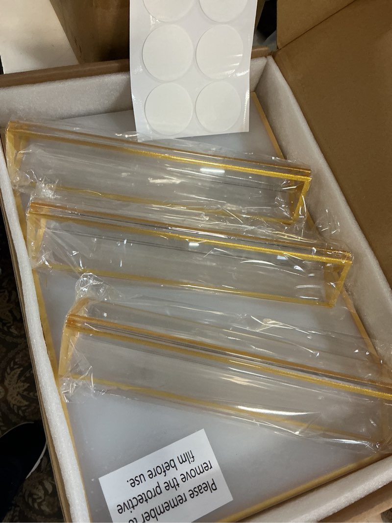 Condition photo showing New/Like New for acrylic sign holder 8.5x11 gold frames double-sided picture frame | 3 pack 8.5 by 11 sign stand flyer holder for menu holder wedding decor table number holder photo frames with round stickers