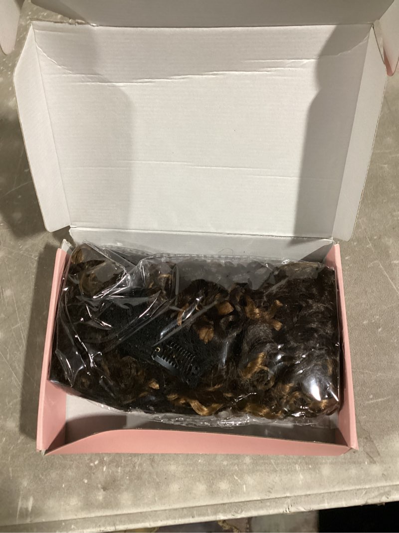 Condition photo showing New/Like New for Flufymooz 4PC Clip in Hair Extensions, 14 Inch 100? Pure Protein Silk Short Hairpiece Deep Curly Wavy Hair Extensions Clip in Natural Soft Hairpiece for Women-Brown with Deep Blonde Highlights 14 Inch Brown with Deep Blonde Highlights