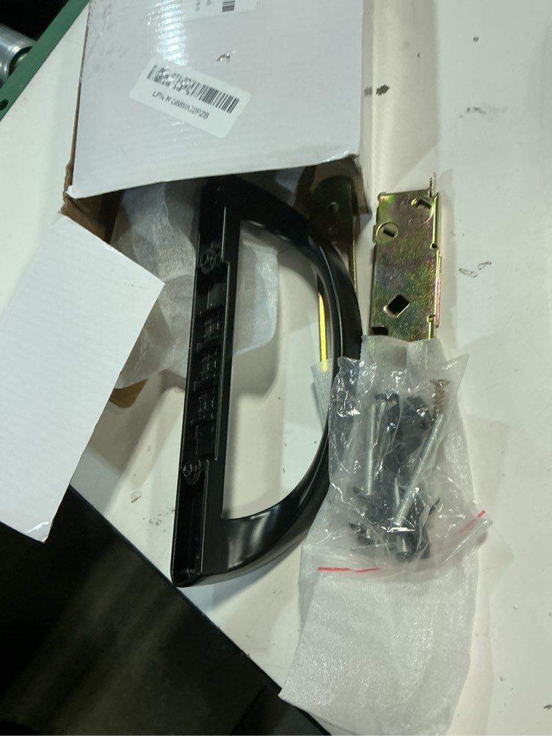 Condition photo showing As Is for patio sliding door handle set with mortise lock, key cylinder and keeper, replacement handle lock set fits door thickness from 1-1/2" to 1-3/4", 3-15/16" screw hole spacing, keyed, black black with key