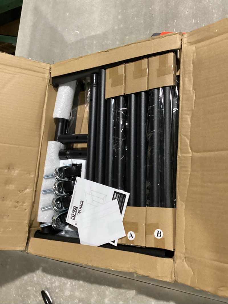 Condition photo showing New/Like New for Double Rods Clothes Rack, Rolling Clothing Rack for Hanging Clothes Portable Wardrobe Rack, Metal Garment Rack Sturdy Coat Rack for Bedroom Laundry Living Room, Black Black Double Rod