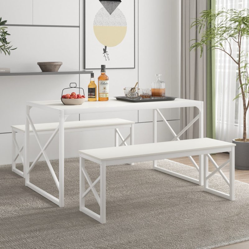 vecelo kitchen dining table sets for 6, 55\" wood dinette 2 benches with metal frame for dinner breakfast nook and small space, white 55\"