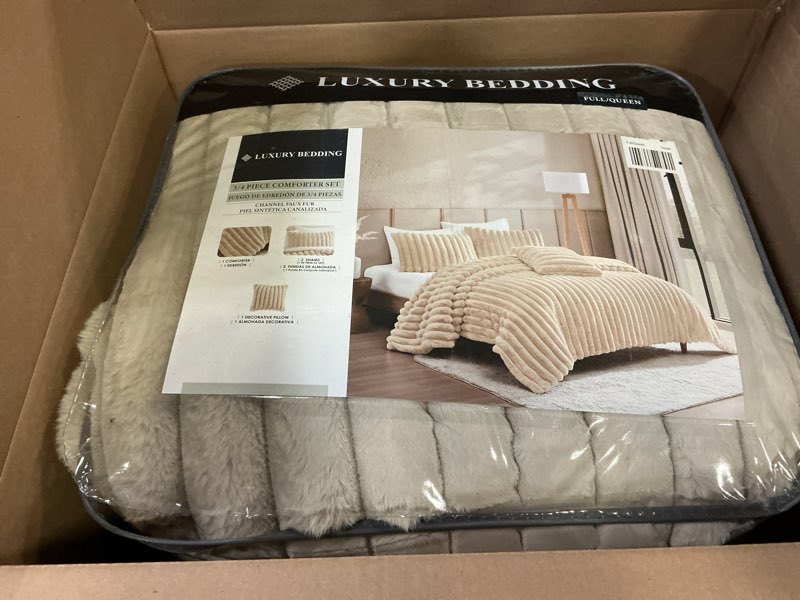 Condition photo showing Good Condition for Riverbrook Home Everett Faux Fur 4-Piece Comforter Set, Full/Queen, Taupe Luxury Full/Queen Taupe