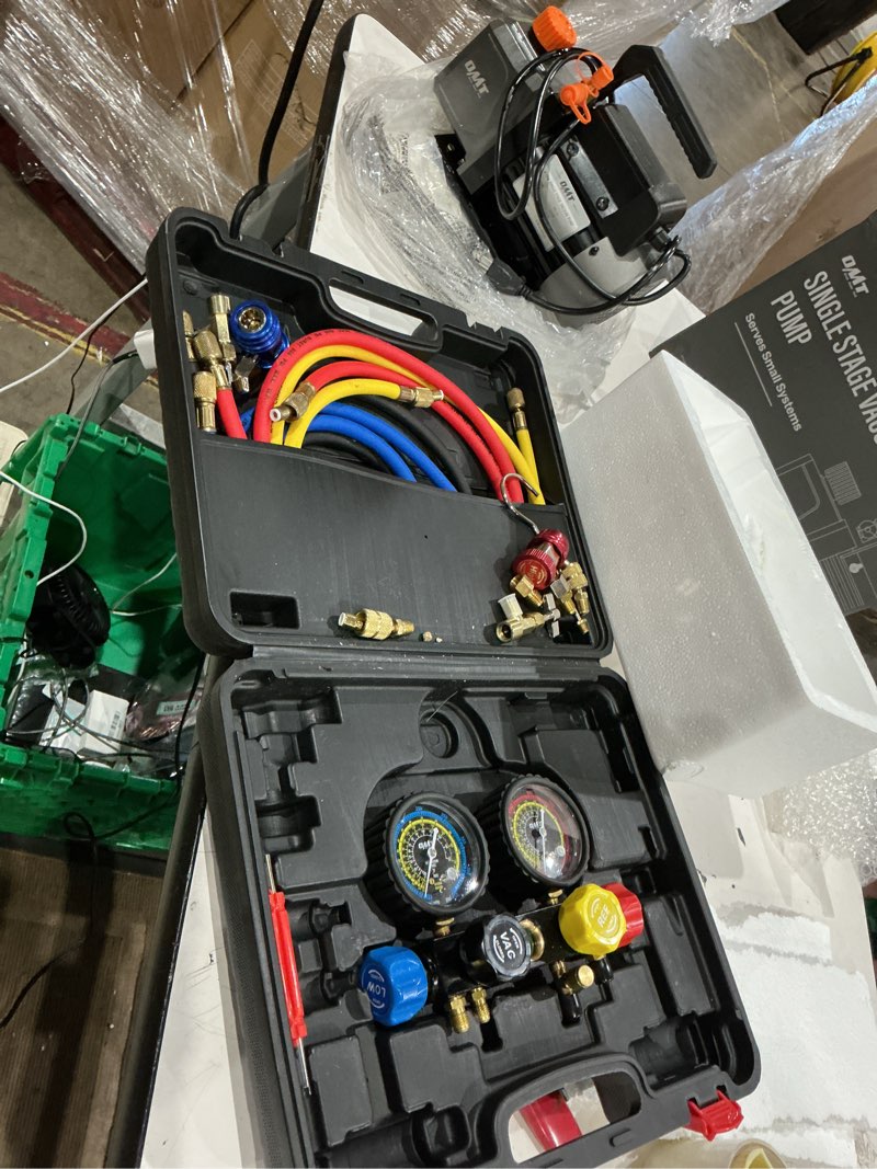 Condition photo showing Good Condition for omt combo 1/3hp 4cfm air vacuum pump manifold gauge set hvac ac refrigerant kit