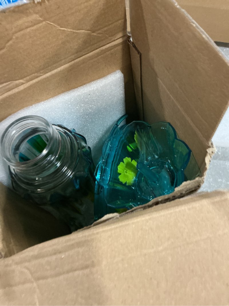 Condition photo showing As Is for kingsyard glass hummingbird feeders for outdoors hanging, 25 oz leak proof hummingbird feeder with ant moat & 6 bee proof feeding ports, turquoise 1 turquoise