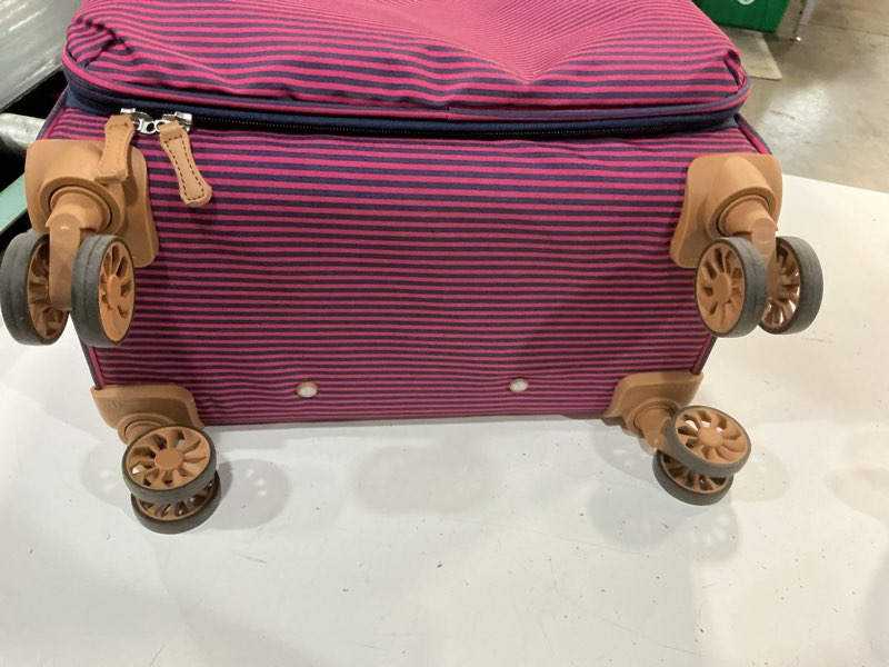 Condition photo showing As Is for it luggage beach stripes softside carry on spinner suitcase - dark pink/blue