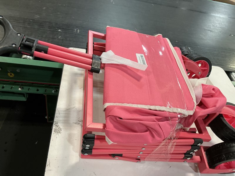 Condition photo showing As Is for extra long collapsible wagon cart, 480lbs heavy duty utility wagons with all-terrain wheels, foldable grocery carts for gardening, shopping, beach, camping, pink