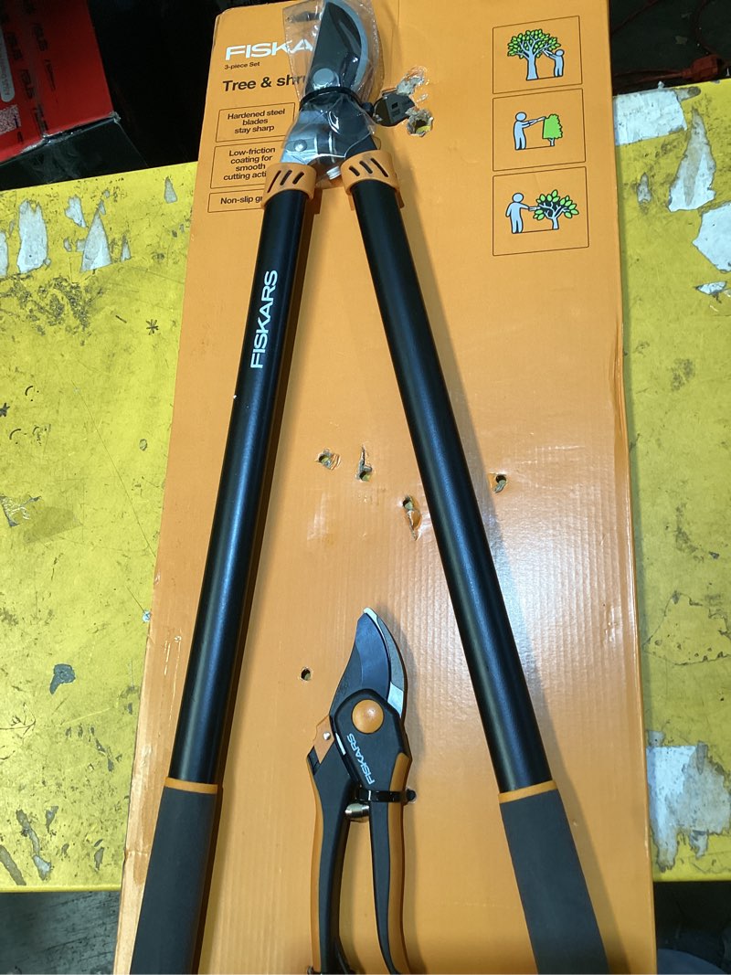 Condition photo showing As Is for missing one shear*fiskars lopper and pruner garden tool 3-piece set with stainless steel blades  black and orange