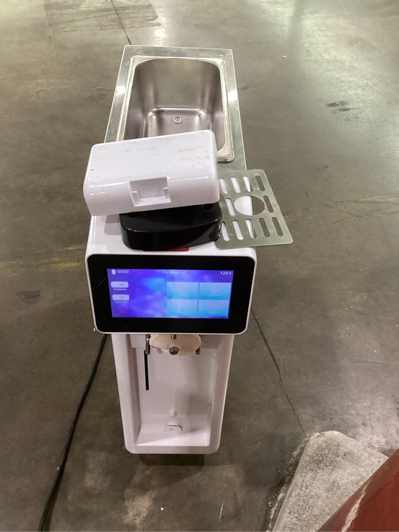 Condition photo showing As Is for *damaged* vevor commercial ice cream machine, 10.6 qt/h yield, 1000w single flavor countertop soft serve ice cream maker, 4l hopper 1.6l cylinder, touch screen auto clean pre-cooling, for restaurant snack bar countertop 1 flavors flagship model