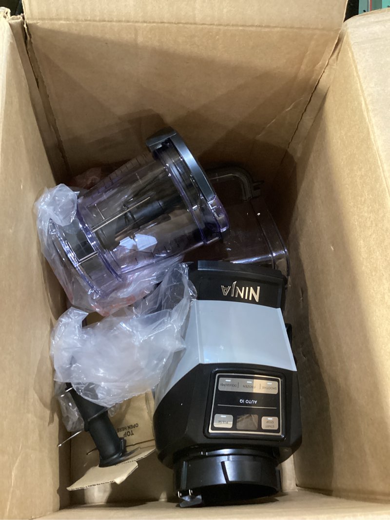 Condition photo showing As Is for ninja blender, compact kitchen system, 1200w, 3 functions for smoothies, dough & frozen drinks with auto-iq, 72-oz.* blender pitcher, 40-oz. processor bowl & 18-oz. single-serve cup, grey, amz493brn 1200 peak watts