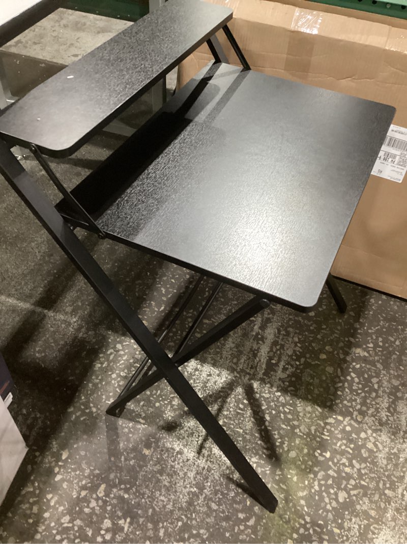 Condition photo showing As Is for greenforest no assembly folding desk, 2-tier compact computer desk with shelf, space saving foldable table for home office, dorm or apartment, portable collapsible sturdy laptop desk, black 22 x 27.3 inch black, similar to stock photo