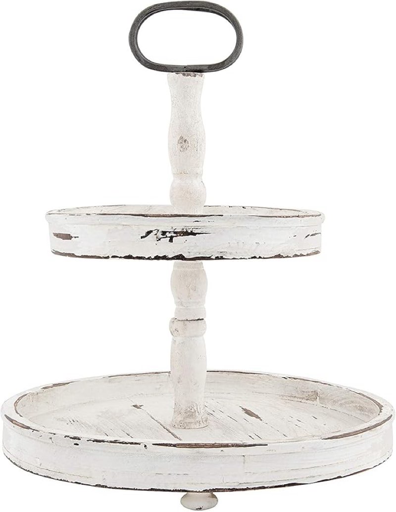 creative co-op distressed wood 2-tier tray with metal handle, white