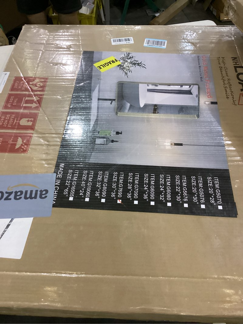 Condition photo showing New/Like New for LOAAO 30”X36” Gold Bathroom Mirror, Rounded Rectangle Gold Frame Mirror, Brushed Gold Bathroom Vanity Mirror Wall-Mounted, Anti-Rust, Tempered Glass, Hangs Horizontally or Vertically Gold 30"L x 36"W