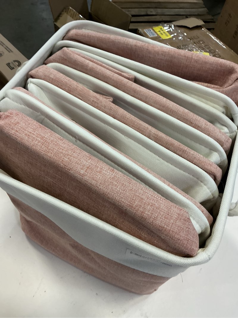 Condition photo showing Good Condition for patvingot 11 inch cube storage bins, 6 pack fabric storage cubes with rope handles, organizer baskets for closet shelves, clothes and home organization(white/pink) white/pink 11"×11"×11"-6pack